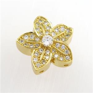 copper flower beads paved zircon, gold plated, approx 16mm dia