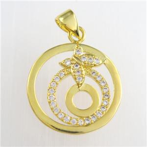 copper circle pendants paved zircon, gold plated, approx 18mm dia