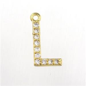 copper pendant paved zircon, letter L, gold plated, approx 9-13mm