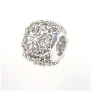 copper beads paved zircon, platinum plated, approx 10mm, 12mm, 5mm hole