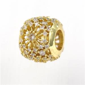 copper beads paved zircon, gold plated, approx 10mm, 12mm, 5mm hole