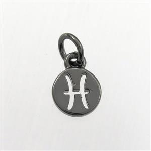 copper circle pendant, zodiac pisces, black plated, approx 7mm dia