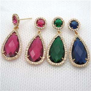 copper teardrop stud Earrings pave zircon with crystal glass, mixed, gold plated, approx 14-25mm, 10mm
