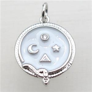 copper circle pendant pave zircon with enameling, platinum plated, approx 16mm dia