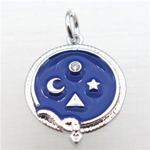 copper circle pendant pave zircon with enameling, platinum plated, approx 16mm dia