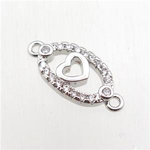 copper heart connector paved zircon, platinum plated, approx 8-12mm