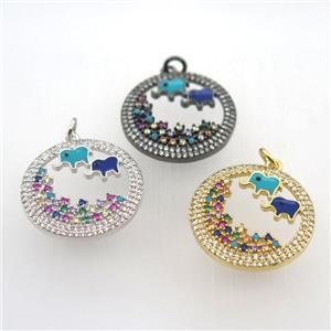 copper circle pendant pave zircon, elephant, mixed color, approx 23mm dia