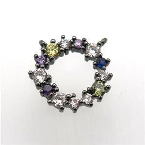 copper circle pendant paved zircon with 2loops, black plated, approx 15mm dia