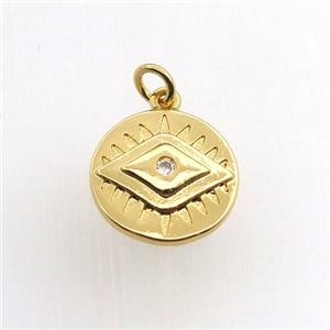 copper circle pendant paved zircon, eye, gold plated, approx 15mm dia