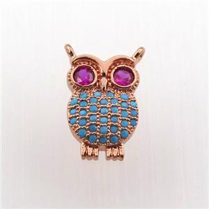 copper owl pendant paved zircon, rose gold, approx 9-14mm