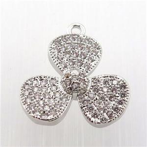 copper clover pendant paved zircon, platinum plated, approx 16mm