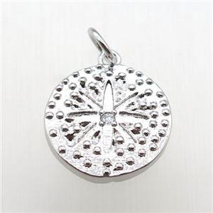 copper circle pendant paved zircon, platinum plated, approx 15mm dia