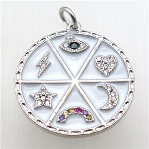 copper circle pendant paved zircon, platinum plated, approx 22mm dia
