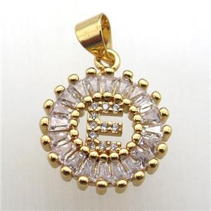 copper letter-E pendant paved zircon, gold plated, approx 15mm dia