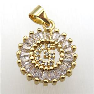 copper letter-G pendant paved zircon, gold plated, approx 15mm dia