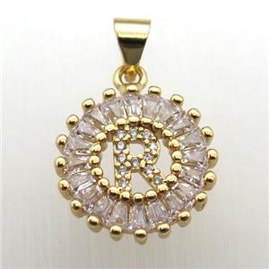 copper letter-R pendant paved zircon, gold plated, approx 15mm dia