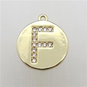 copper letter-F pendant pave zircon, gold plated, approx 14mm dia