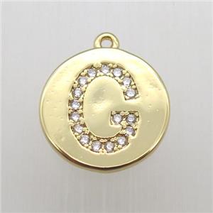 copper letter-G pendant pave zircon, gold plated, approx 14mm dia