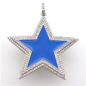 copper star pendant paved zircon, blue enameling, platinum plated, approx 45mm dia