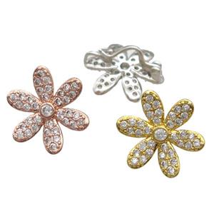 copper flower beads paved zircon, mixed color, approx 16mm dia