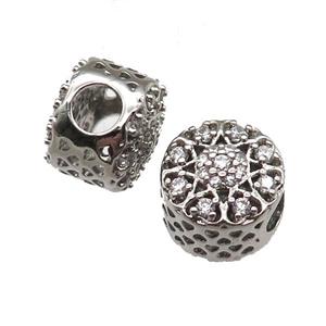 European Style copper rondelle beads paved zircon, platinum plated, approx 10-12mm, 5mm hole