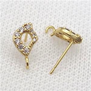 copper Studs Earring paved zircon, gold plated, approx 7-10mm