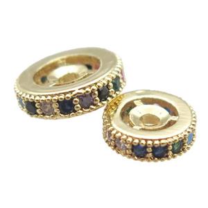 copper spacer beads paved zircon, heishi, gold plated, approx 6mm dia
