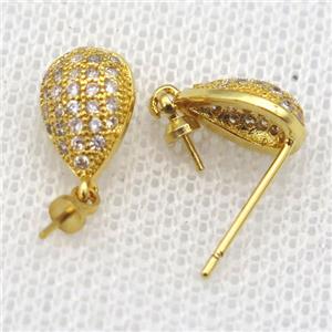 copper Stud Earrings paved zircon, teardrop, gold plated, approx 7-10mm