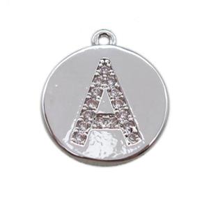 copper letter-A pendant paved zircon, platinum plated, approx 14mm dia