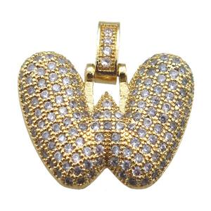 copper letter-W pendant paved zircon, gold plated, approx 14-20mm