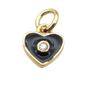 copper heart pendant paved zircon, black enameling, gold plated, approx 7mm
