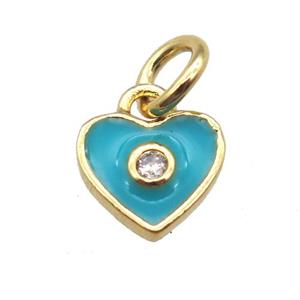 copper heart pendant paved zircon, aqua enameling, gold plated, approx 7mm