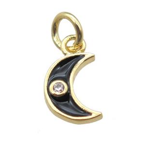 copper moon pendant paved zircon, black enameling, gold plated, approx 6-8mm
