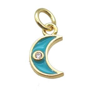 copper moon pendant paved zircon, aqua enameling, gold plated, approx 6-8mm
