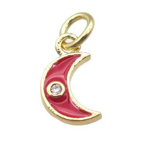 copper moon pendant paved zircon, red enameling, gold plated, approx 6-8mm