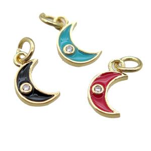 copper moon pendant paved zircon, mixed enameling, gold plated, approx 6-8mm