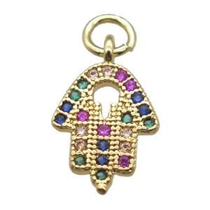 copper hamsahand pendant paved zircon, gold plated, approx 9-11mm
