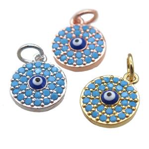 copper circle eye pendant paved zircon, mixed color, approx 10mm dia