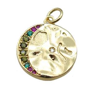 copper circle pendant paved zircon, gold plated, approx 16mm dia