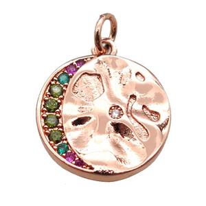 copper circle pendant paved zircon, rose gold, approx 16mm dia