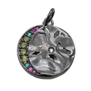 copper circle pendant paved zircon, black plated, approx 16mm dia