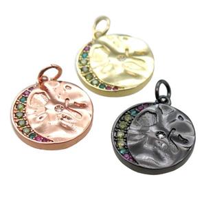 copper circle pendant paved zircon, mixed color, approx 16mm dia