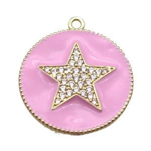 copper star pendant pave zircon with pink enameling, gold plated, approx 25mm dia