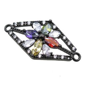 copper flower connector paved zircon, black plated, approx 16-32mm