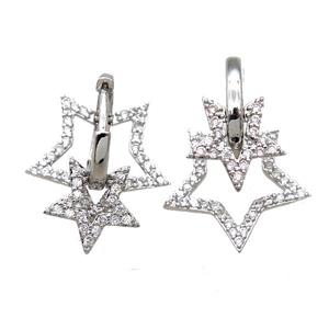 copper Hoop Earrings paved zircon, star, platinum plated, approx 12mm, 18mm, 15mm dia