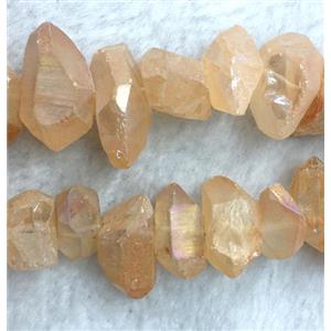 clear quartz bead, freeform, gold champagne AB color plated, approx 12-18mm