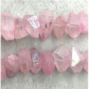 clear quartz beads, freeform, pink AB color plated, approx 12-18mm