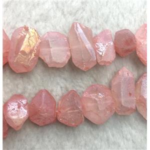 clear quartz bead, freeform, pink AB color plated, approx 12-18mm