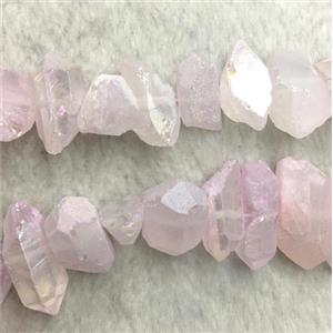 clear quartz bead, freeform, pink AB color plated, approx 12-18mm