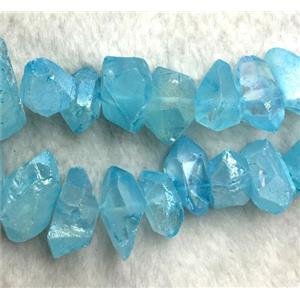 clear quartz bead, freeform, blue AB color plated, approx 12-18mm